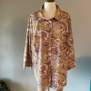 BASIC EDITIONS PLUS women’s paisley button up collared neckline 3/4 sleeve sz 4X